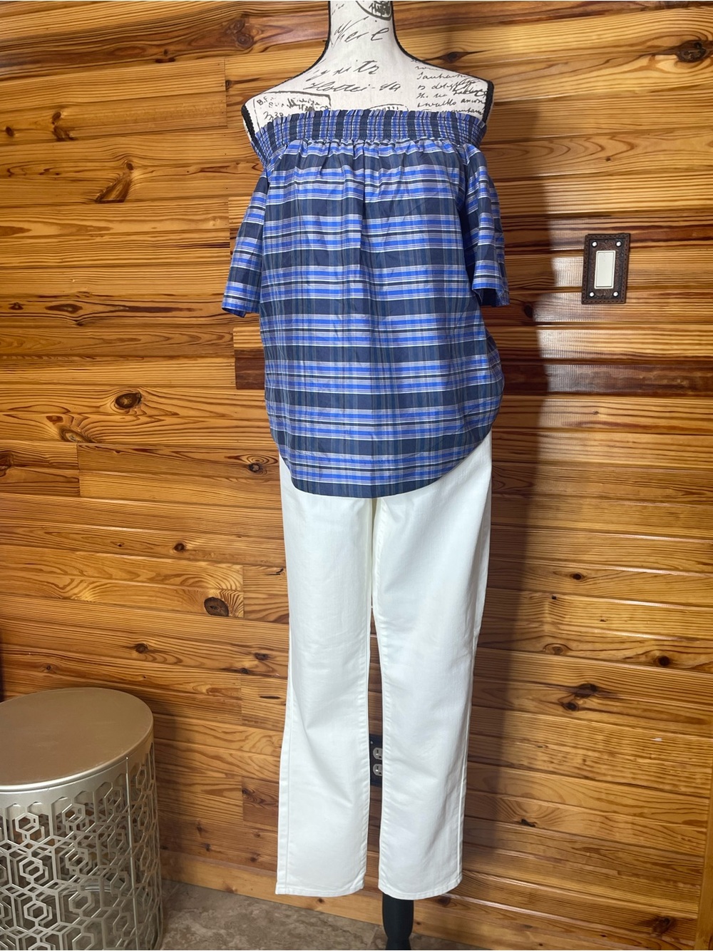 J. Crew Blue and Navy Plaid Off-Shoulder Top